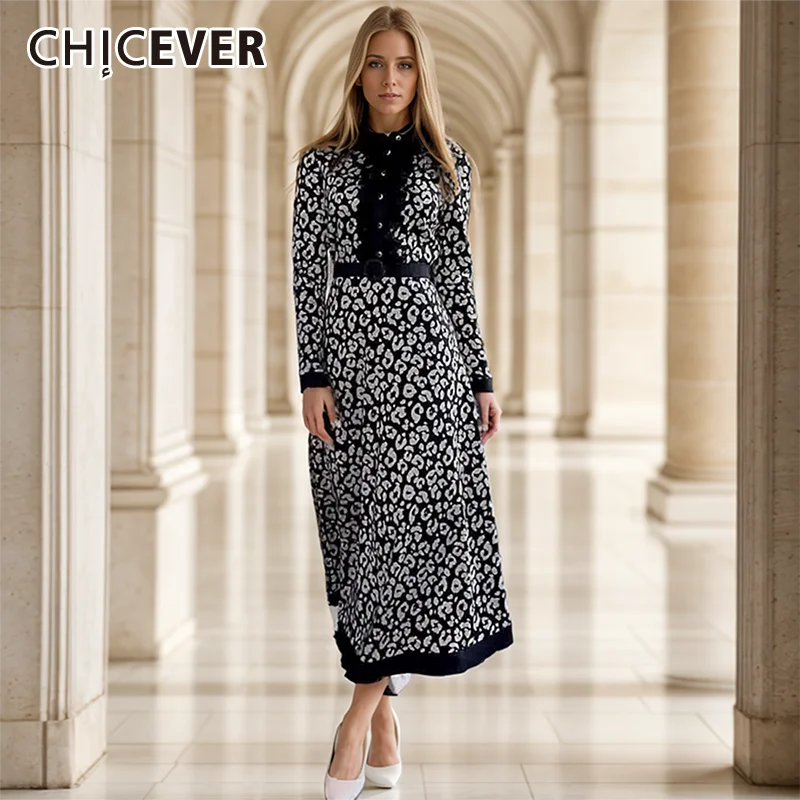 

CHICEVER Autumn Casual Printing Patchwork Belt Femlae Long Dress O Neck Spliced Single Breasted High Waist Women A Line Dresses