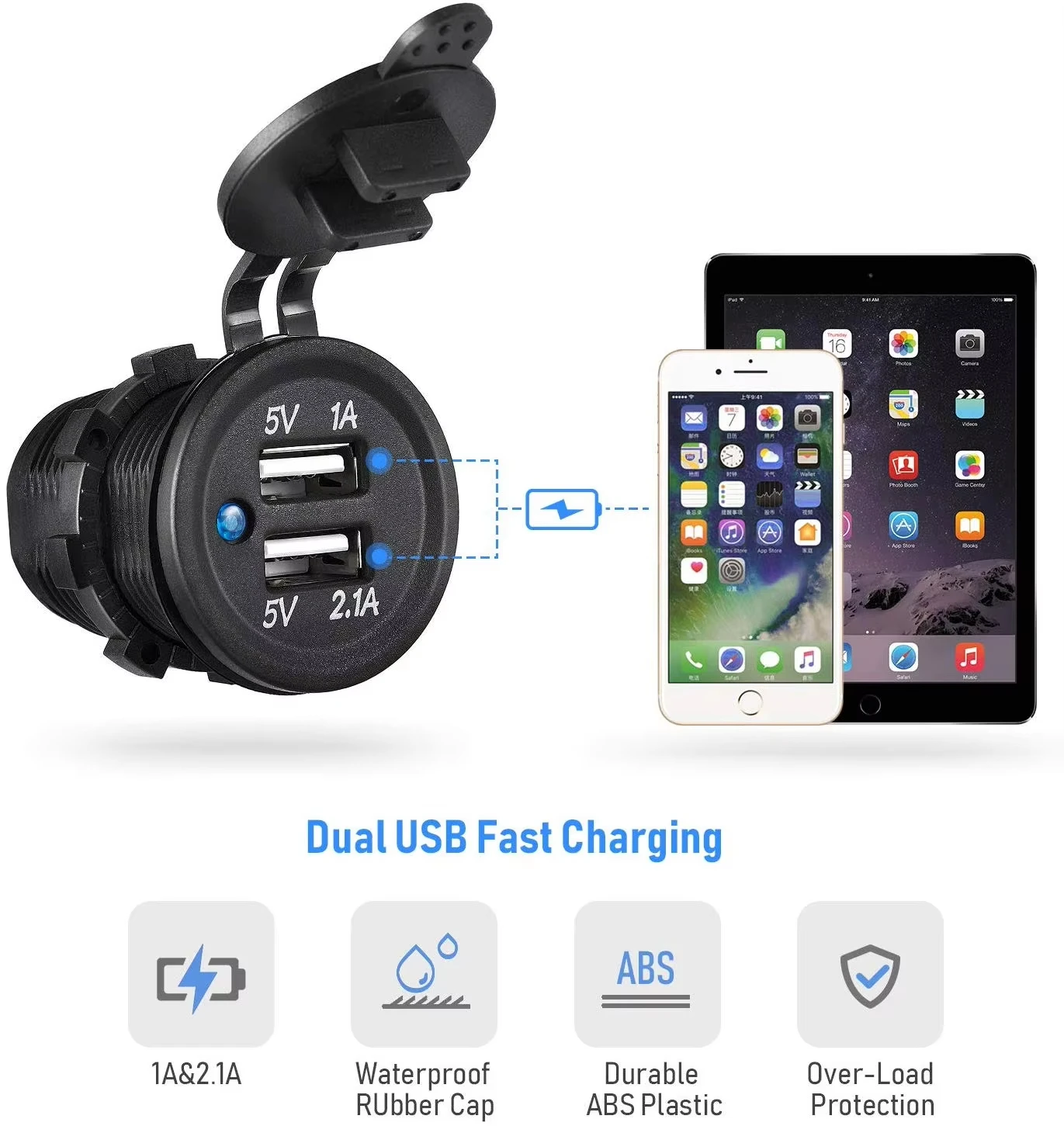 New Arrivals 4-Gang Rocker Switch Panel With 15W Dual USB Port+12V Cigarette Lighter Socket With Waterproof Rubber Cap