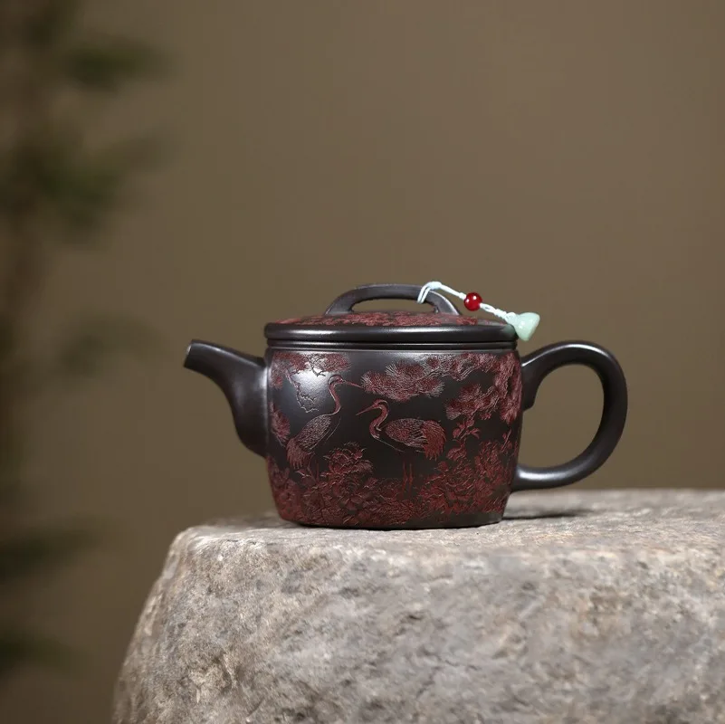 Large-Capacity Yixing Zisha Teapot Made From Raw Ore, Featuring A “Crane Symbolizing Longevity” Design Teapot