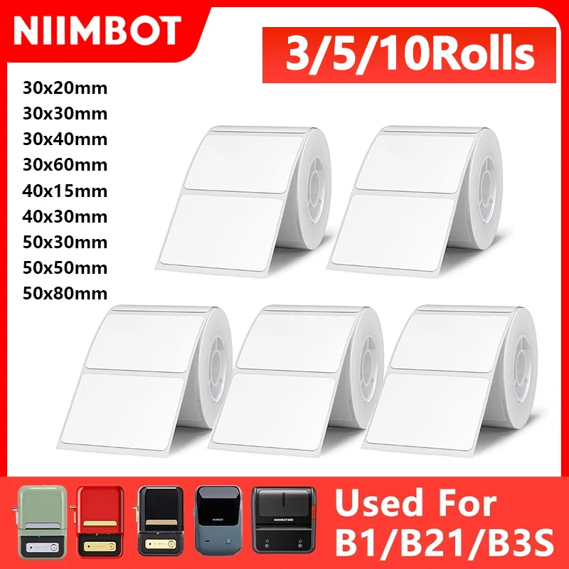 Niimbot  B1 White Sticker 3/5/10 Rolls Waterproof Paper Adhesive Label White Anti-Oil For B1 B21 Mini Thermal Printer Tape