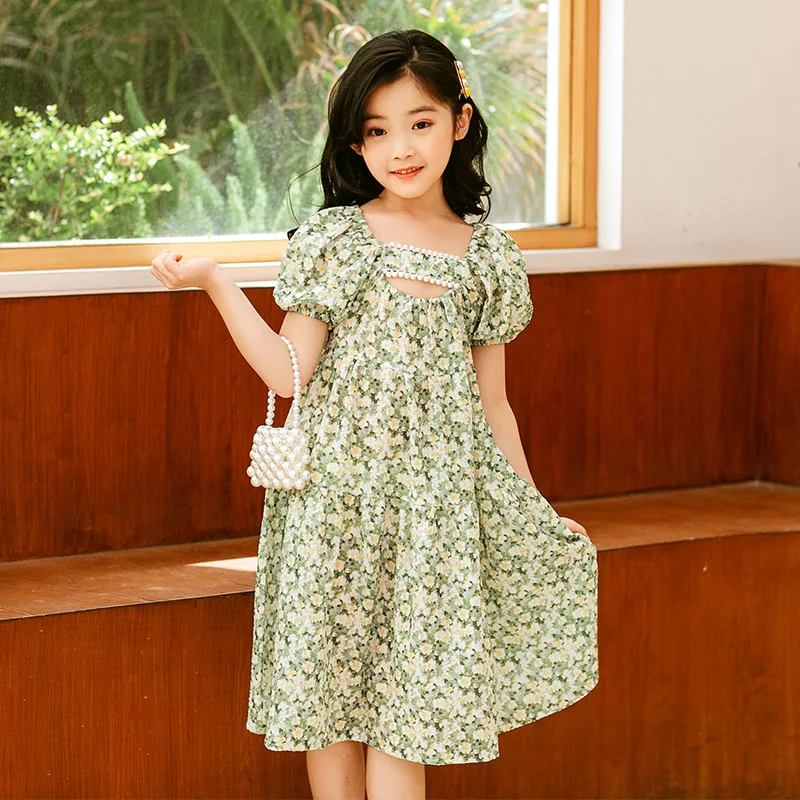 JUCPKID Korean Summer Children Girl Dress Junior Girl Floral Bubble Sleeve Dress Teenager Girl Pearl Line Collar One-piece Dress