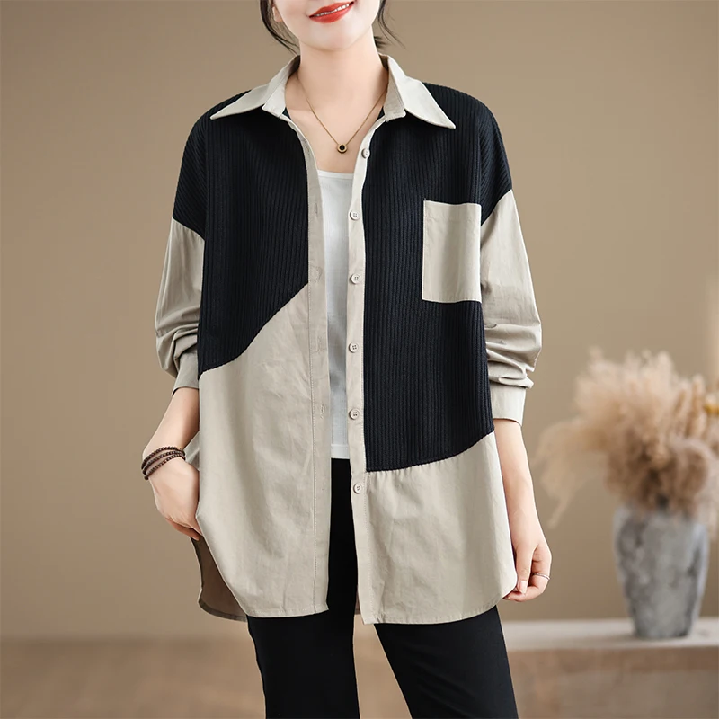 Feminino malha retalhos cor blo longo sve irt coreano sle solto ajuste cor pura botão acima cardigan casaco topo