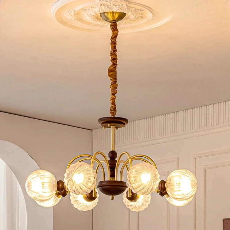 

American Pumpkin Pattern Glass LED Chandeliers All Copper Hanging Lamp Restaurant Living Room Bedroom Hotel Wooden Pendant Light