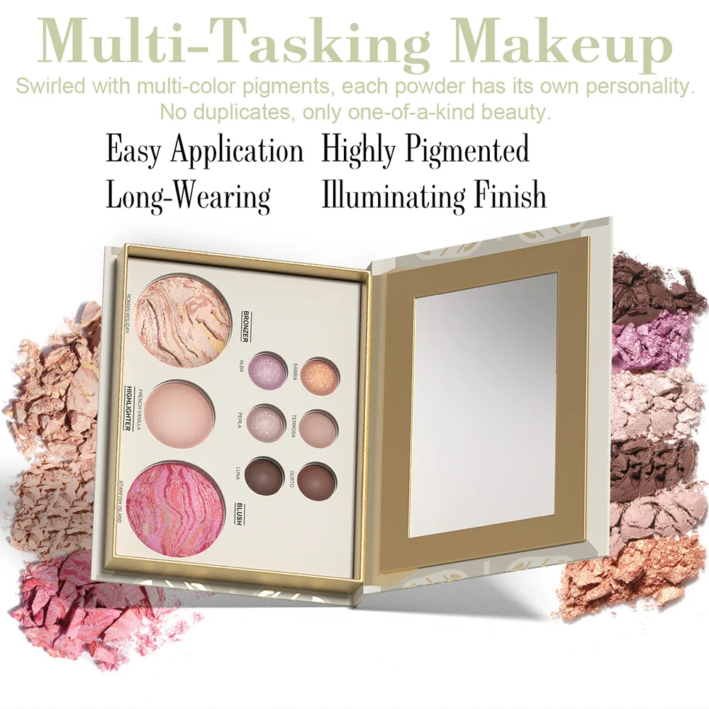 Paleta de maquiagem multifuncional com sombra para olhos, contorno, blush, iluminador e brilho de pálpebras em um; Maquiagem versátil