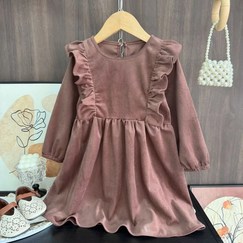 Vestido de veludo cotelê para meninas, com mangas compridas, gola redonda, detalhes em babados, cor lisa, ideal para o outono, para uso casual, para b