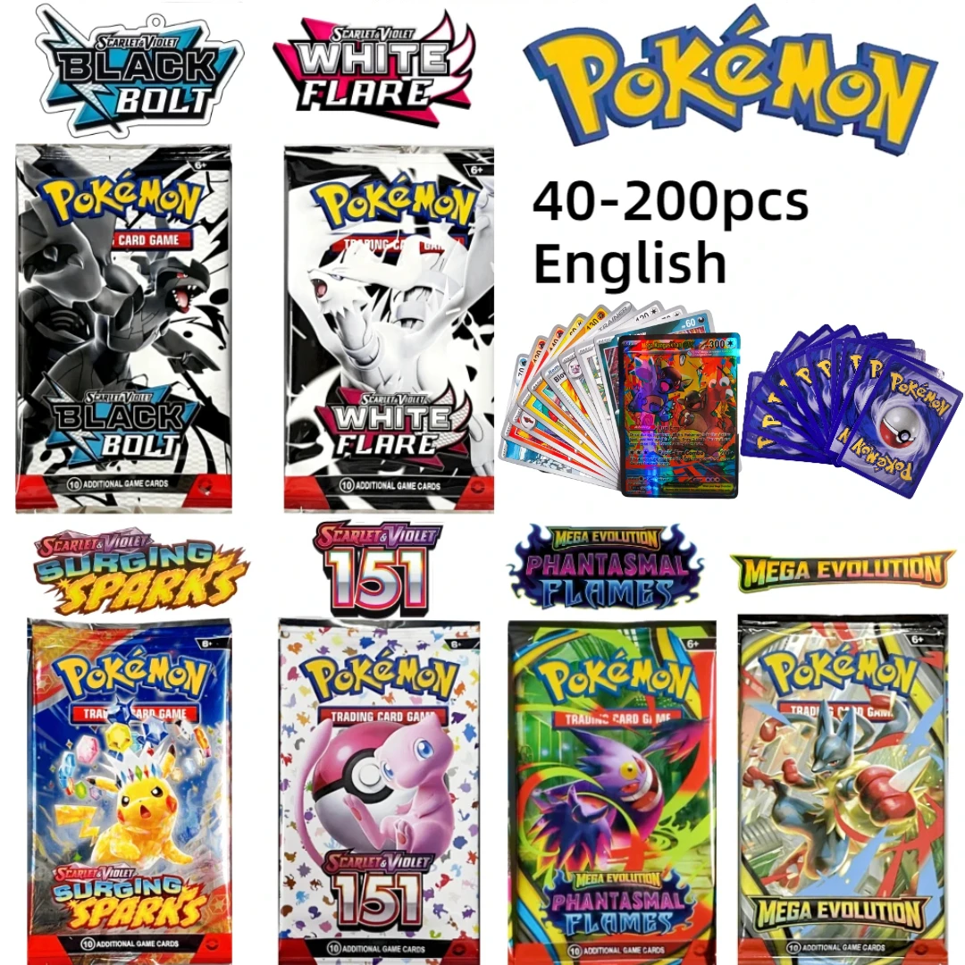 

40-200 шт. Коллекционные карточки Pokemon English MEGA Evolution Black Bolt Booster, подарок для детей, взрослых и коллекционеров