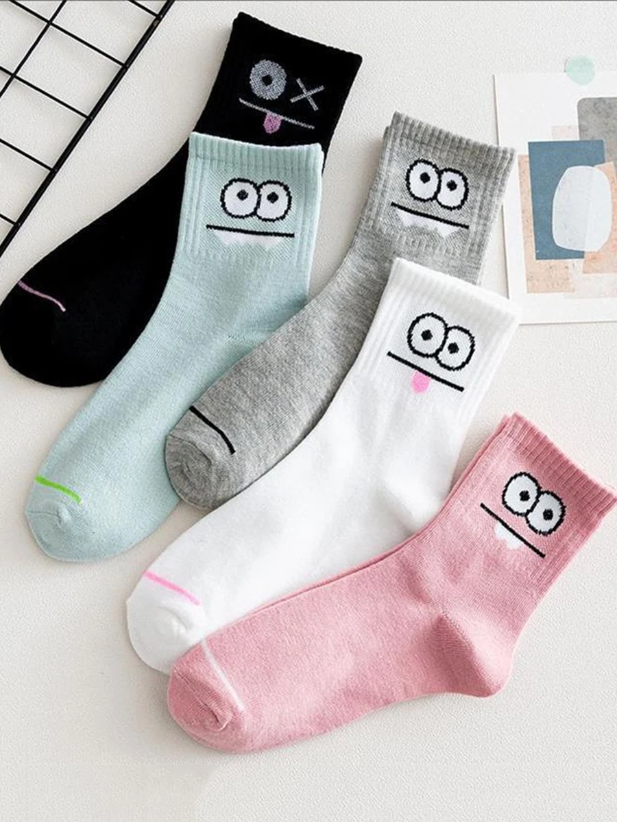 5 Pairs Women's Cute Expression Printed Ankle Socks Comfy Funny Face Print Mid Tube Socks Women's Casual