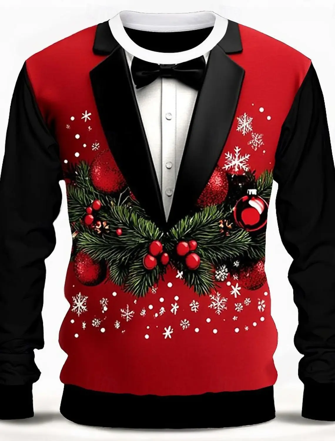 Christmas Tree Snowflake Bow Tie Men's 3D Print O-Neck T Shirt Tee Party Casual Christmas Theme T-shirt Red Long Sleeve Tops