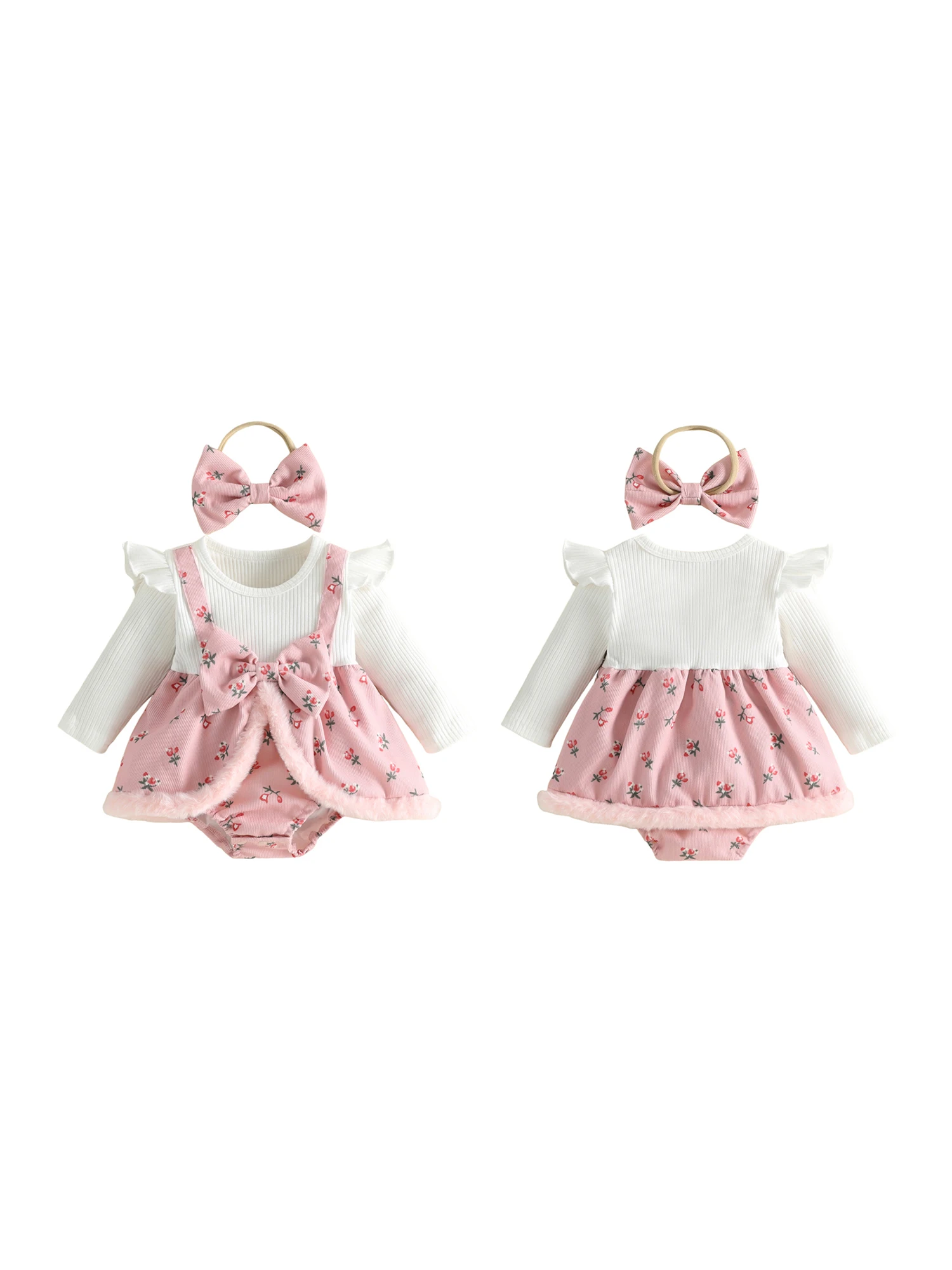 Fall Bodysuits With Girl Romper Floral Print Crew Bodysuits With Headband Baby-Girl-Romper Dress Floral Print
