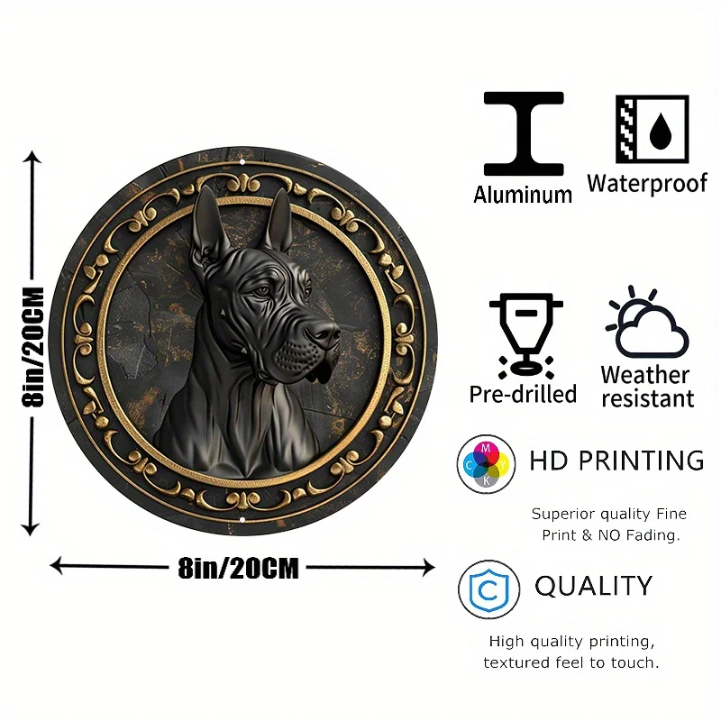 1pc 8x8inch Aluminum Metal Sign Circular Metal Plaque Decoration Great Dane Dog Portrait On Black And Golden Wooden Plate Lf