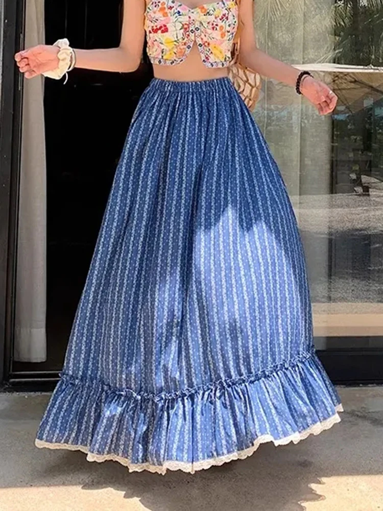 Jmprs Bohemian Striped Long Skirts Women Elegant Sweet High Waist Retro Skirt Casual Loose Female Lace Patchwork Vintage Skirts