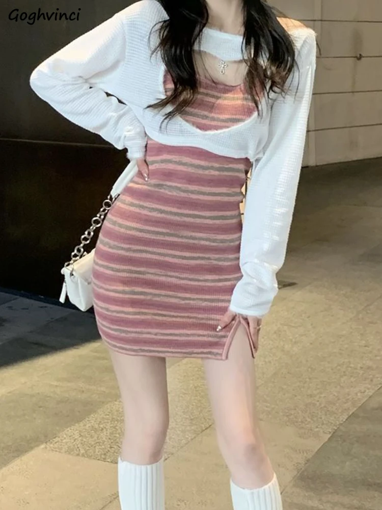 Sets Women Heart Hollow Out Sun-proof All-match Tops Halter Dresses Striped Fashion Slit Hotsweet Mini Girls Sheath Korean Style