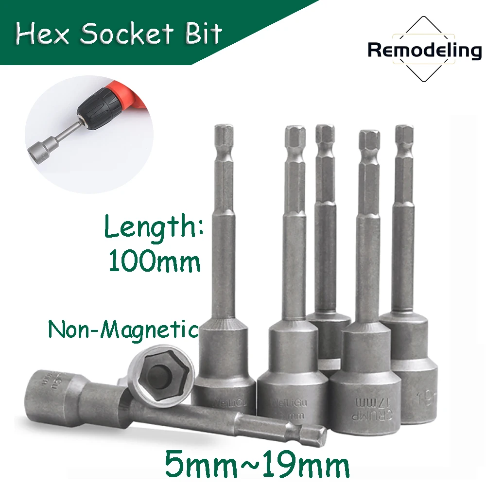 

100mm Length Hexagonal Socket Bit 5mm~19mm Electric Drill Wrench Sleeve 6.35mm Hex Shank Impact Socket Adapter for Power Tools