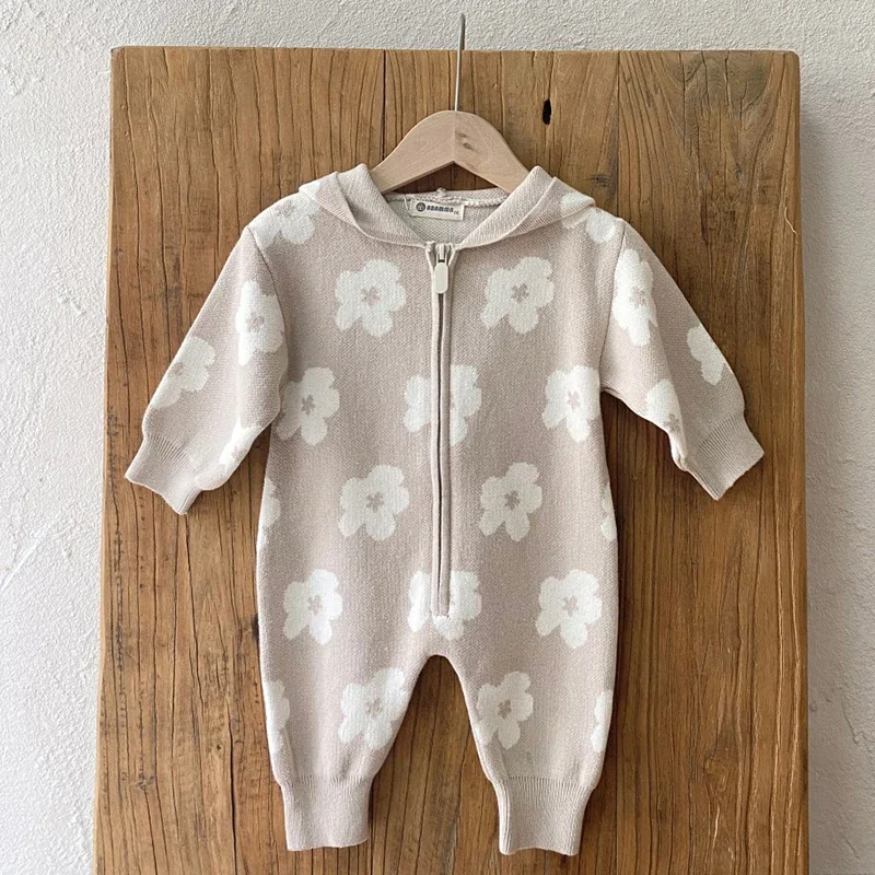 الرضع فتاة مقنعين متماسكة بذلة الخريف الطفل متماسكة رومبير سستة الوليد زهرة طباعة سترة هوديي طويلة الأكمام طفل الملابس #6