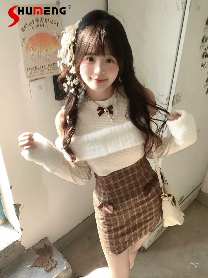 

Original Japanese and Korean Sweet Plaid Patchwork Knit Dress for Women Slim Fit Elegant Mine Long Sleeve Dress Spring Autumn