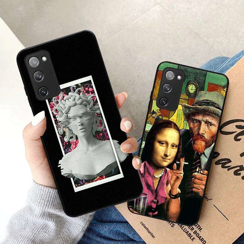 Mona Lisa Van Gogh Funny Art Black Phone Case For Samsung S22 S21 FE S20 Ultra Note 20 10 9 8 S10 Plus Shockproof Bumper Cover