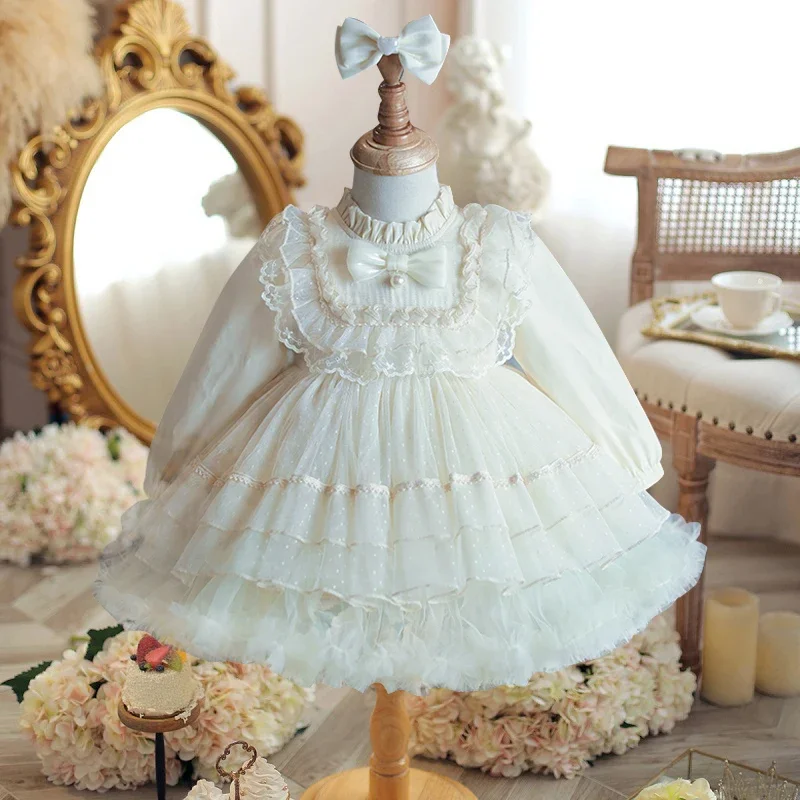 Girls Lolita Princess Dress 2024 New Children's Bow Lace Long Sleeve Mesh Dress Carnival Birthday Flower Girl Performance Dress