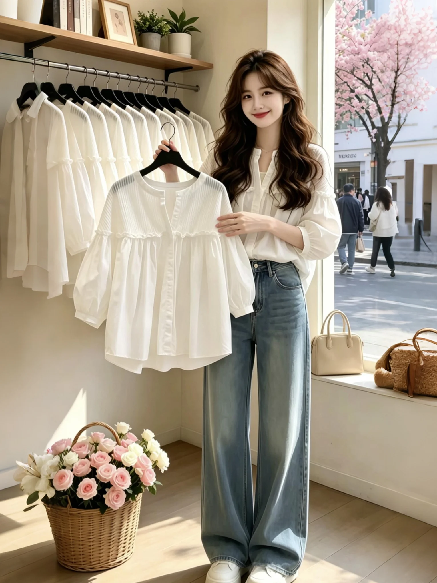 

Simple Casual Spliced Seven Sleeve Pure Color Shirt Women's Fashion 2026 Summer New Style Korean Loose Fit round Neck Button