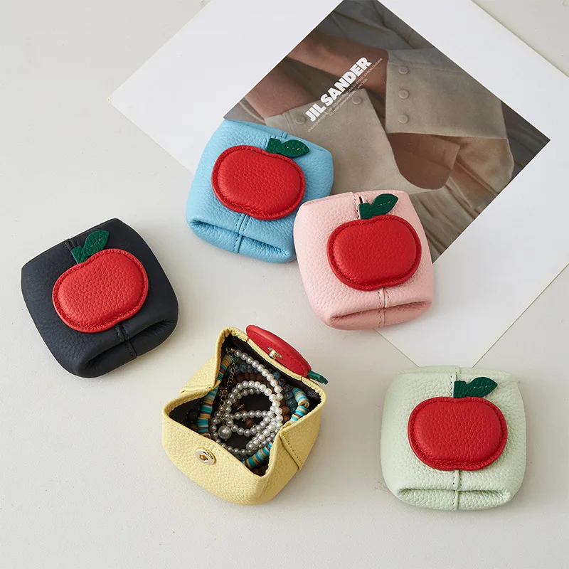 Cute Apple Appliques Cowhide Wallet&Purse Korean Fashion Creative Design Women's Coin Earphones Jewelry Mini Storage Bags