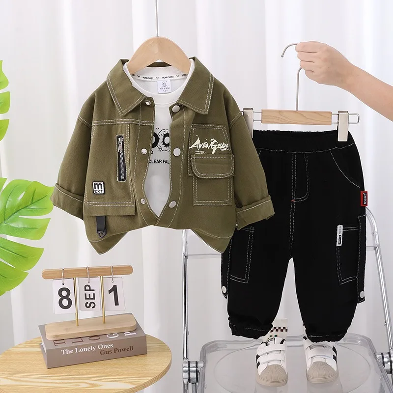 

Baby Boys Sets 2025 Spring Sutumn Korean Stylekids Clothes Casual Multi Pocket Workwear Jacket Three Piece Set