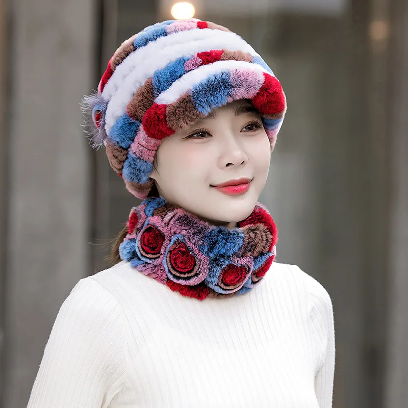 New Women Winter Knit Real Rex Rabbit Fur Hat Scarf Sets Natural Warm Fur Cap Scarves 2 Pieces Girl Quality Real Fur Hat Muffler