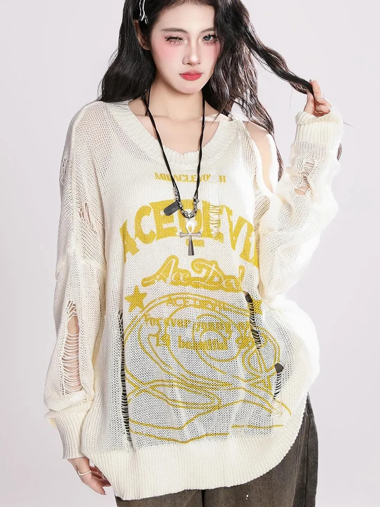 

Y2K Hole Streetwear Sweaters Women Loose Vintage Hollow Out Long Sleeve Knitted Jumper Gothic Letter Oversize Fall Pullovers New