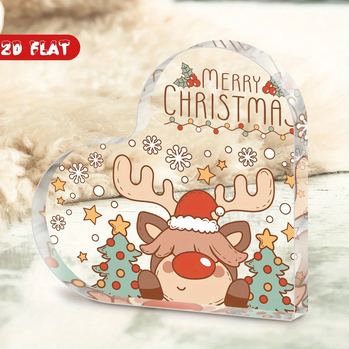 Cartoon Red‑Nosed Reindeer Heart Acrylic Sign, Snowflake Christmas‑Tree Desktop Ornament