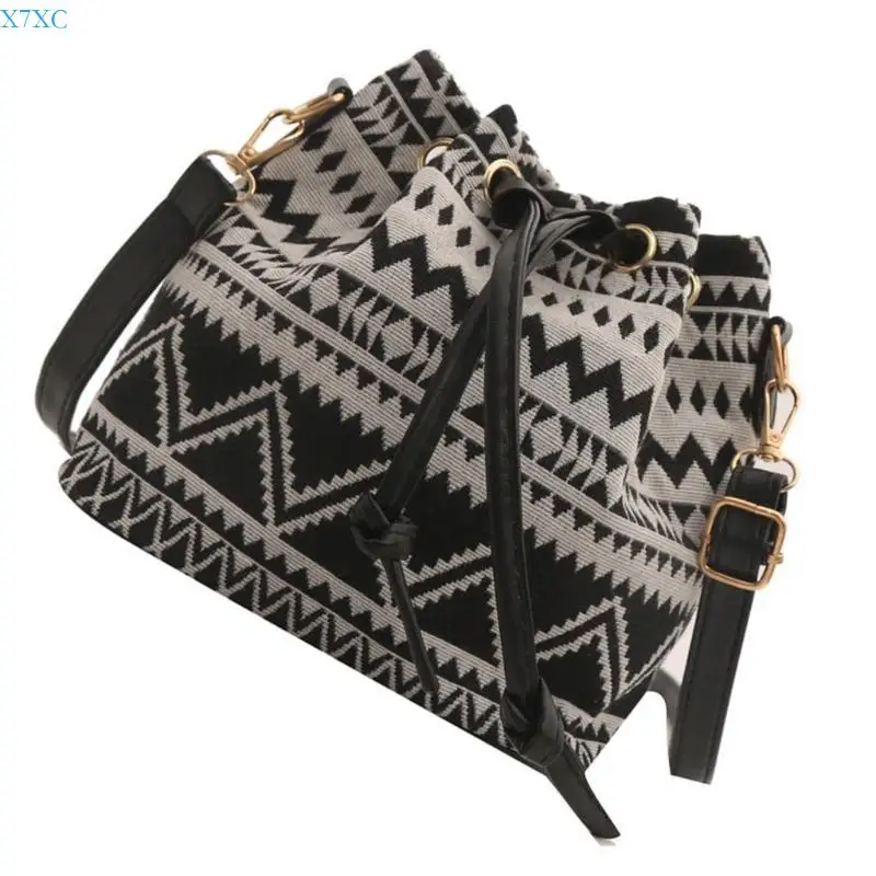

X7XC Women Ethnic Styles Shoulder Bag Fashion Bucket Bag Drawstring Crossbody Bag Canvas Bag