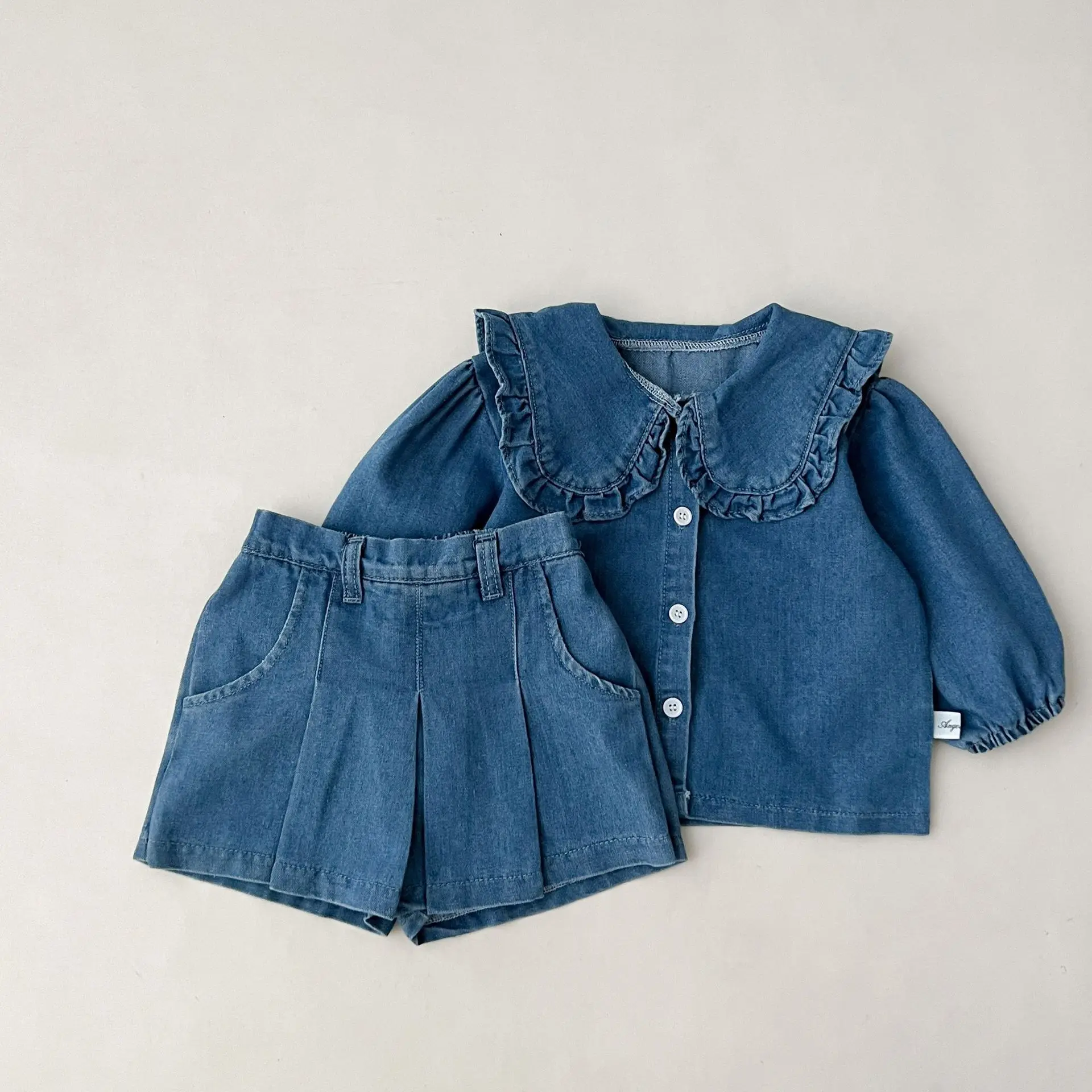 2025 Spring New Children Long Sleeve Clothes Set Baby Girls Cute Lapel Denim Cardigan + Short Pantskirts 2pcs Suit Kids Outfits