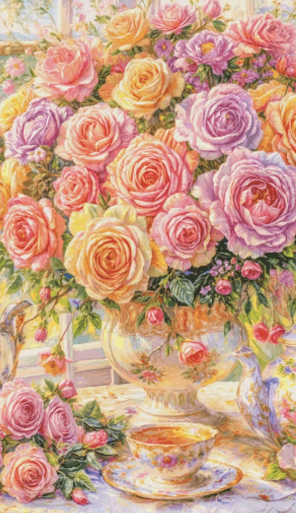 Stamped Cross Stitch Kit 14CT 16CT 18CT Printed Canvas Cotton Threads DIY Embroidery Home Wall Decor[ZZ7251-Rose Tea Fragrance]