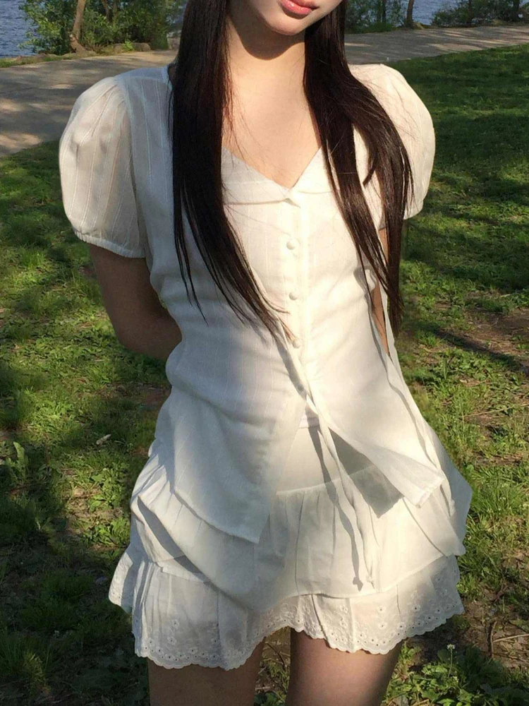 

French Sle Women's irt Summer Sweet Bow Tie ort Sve Small Collar Waist Cinched Bubble Sve Top Faionable Regular...