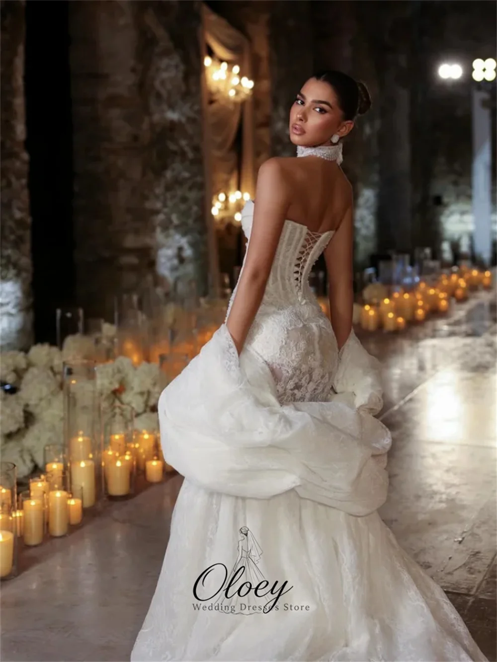 OLOEY Glamorous Sweetheart Collar Beading Bridal Gown Detachable Train Lace Mermaid Wedding Dresses For Woman Customized