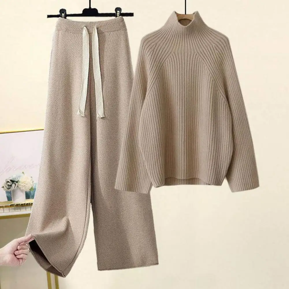 Turtleneck Sweater Drawstring Pants Women Knitted Set Casual Winter Autumn Knitted Outerwear Straight Pants Outerwear Tracksuit