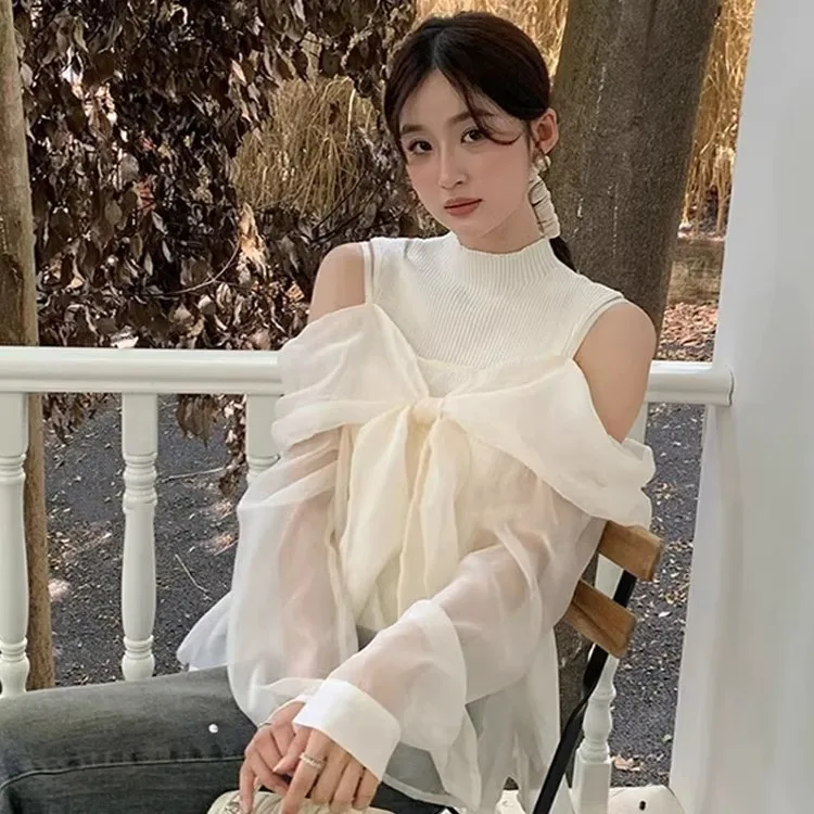 

Комплект в японском стиле «Богатая дочь», прозрачная шифоновая майка и кружевной вязаный жилет, комплект из двух предметов с открытыми плечами для женщин