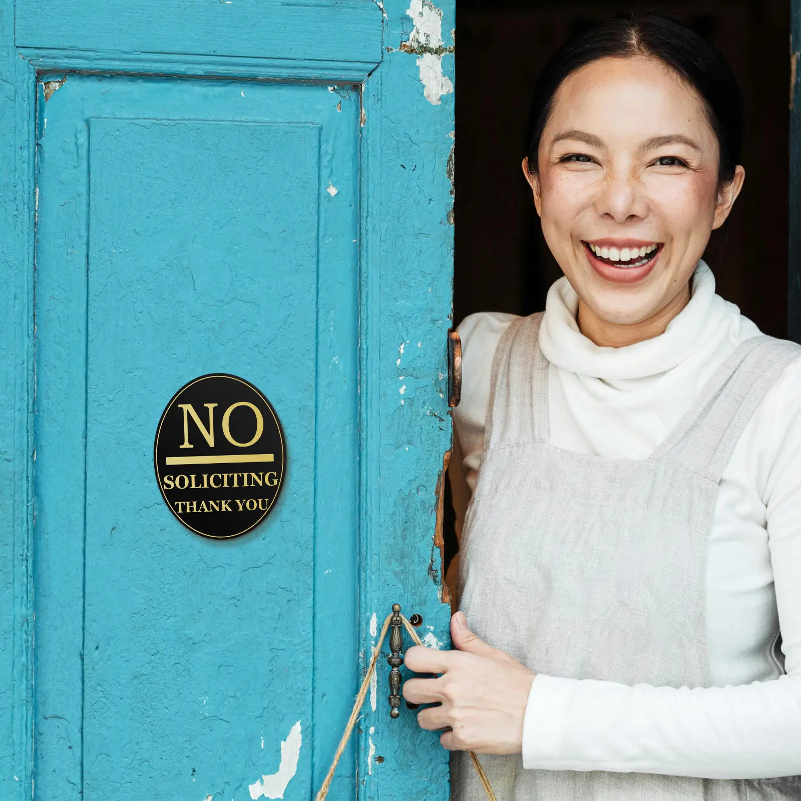 

Thick Acrylic No Soliciting Sign Black Gold Lettering Self-Adhesive Door Window Yard Warning for Home Business Office Use