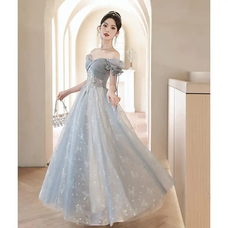 Robe de soiree Blue wholesale Off Shoulder Lace up Elegant Embroidery Toast Banquet Long style Party Prom Dress Evening Dress