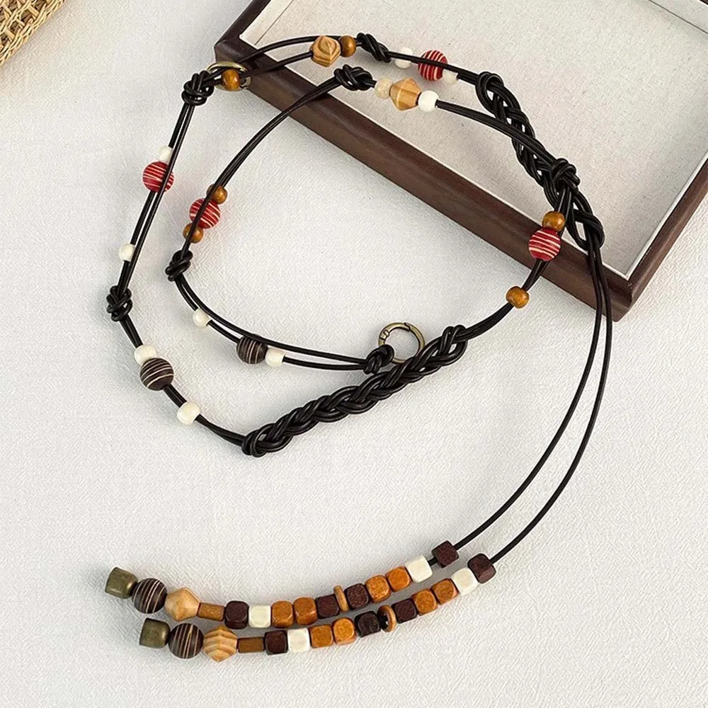 Ремень из смолы с деревянными бусинами, регулируемый плетеный пояс из искусственной кожи в этническом стиле, контрастный цвет, длинная поясная цепочка с кисточками в стиле ретро, крутая цепочка для девочек