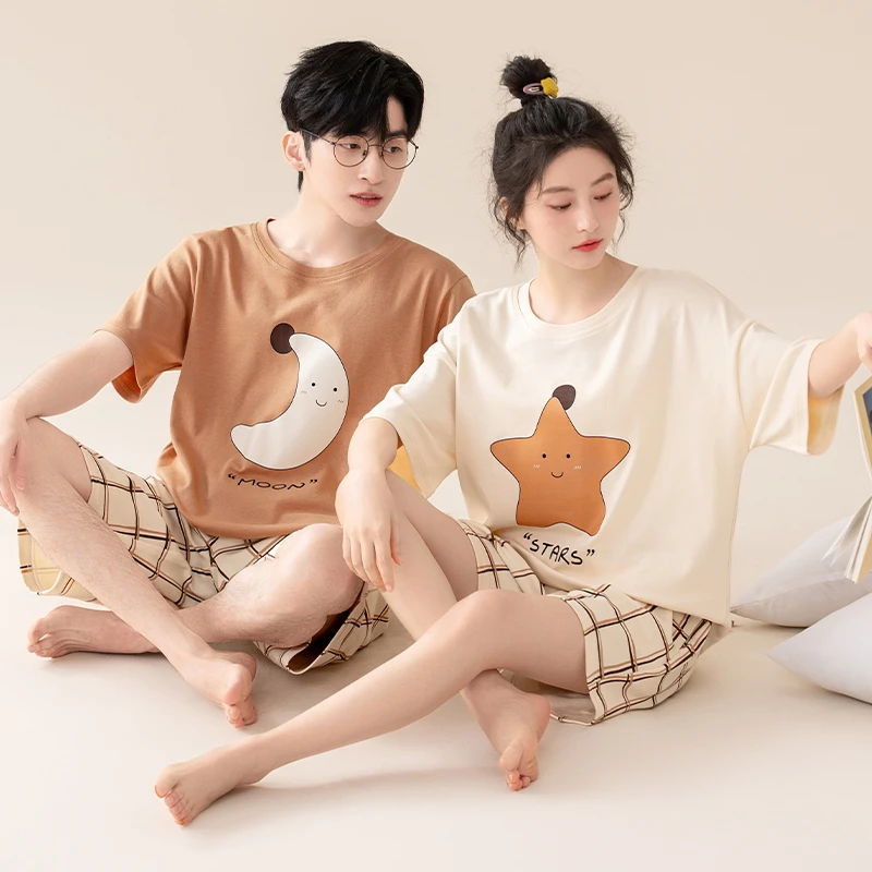 Couple Pajamas Set Summer Short-Sleeved Sleepwear 100% Cotton Men and Women Pyjamas