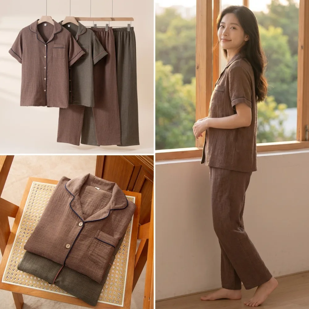 Women's Home Clothes Sleepwear Cotton Solid Color Casual 2 Piece Sets Summer Short-Sleeved Top Pijama Pyjamas Woman Nightwear