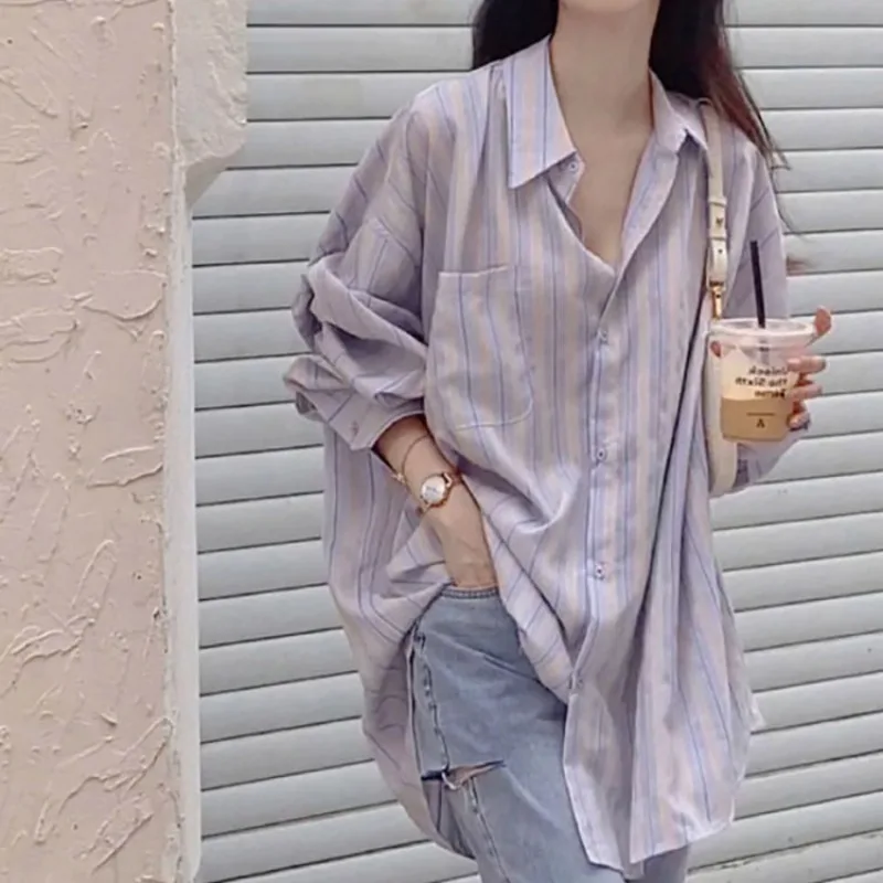 Striped Shirts Women Long Sleeve Purple Loose Mid-length Gentle All-match Temperament Female Age-reducing Spring Autumn Tops Ins