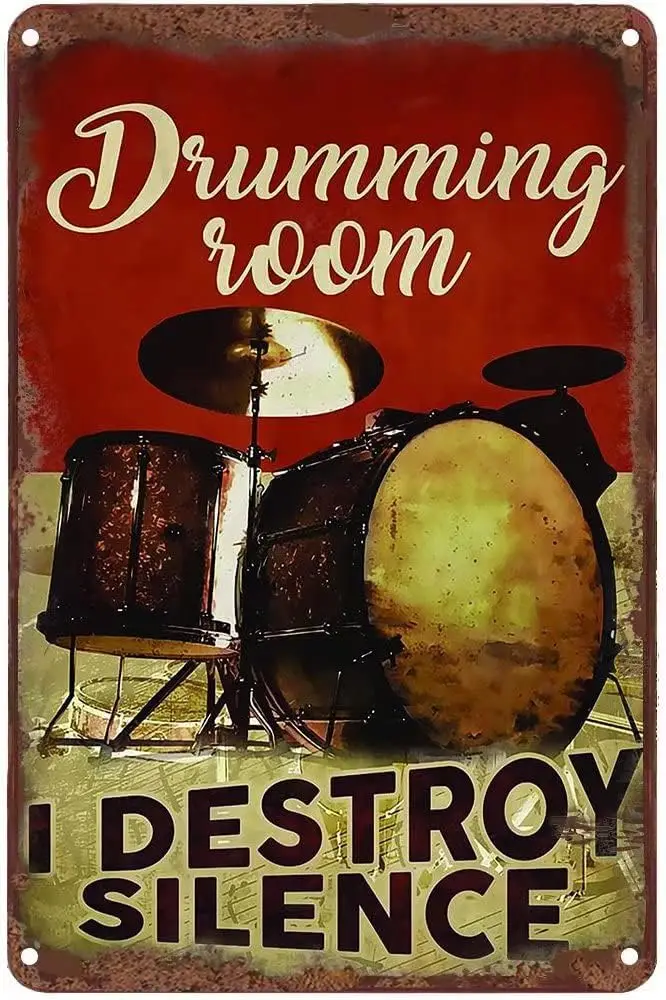 Vintage Metal Tin Sign,Drum set poster drumming room i destroy silence,Home Gate Garden Bars Restaurants Cafes Office Store Pubs