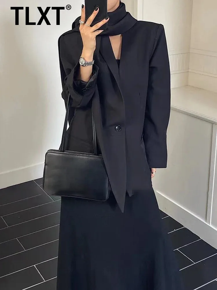 

TLXT Элегантный женский однотонный лоскутный шарф, уличная одежда, блейзер с v-образным вырезом и длинными рукавами, утягивающий блейзер на пуговицах, женский XK1072