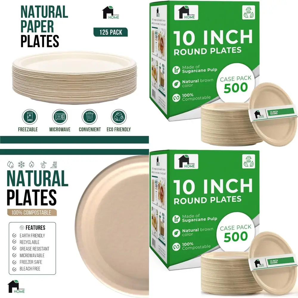 

Eco-Friendly 10 Sugarcane Fiber Plates - Microwave & Refrigerator Safe - Heavy Duty, Disposable, Pack of 500