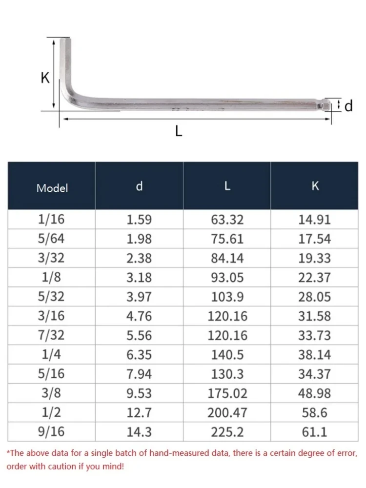 1~10Pcs Inch Allen key Wrench 1/16 5/64 3/32 1/8 5/32 3/16 7/32 1/4 5/16 3/8 1/2 L Shape Ball End Long Arm Hex Key Screwdriver