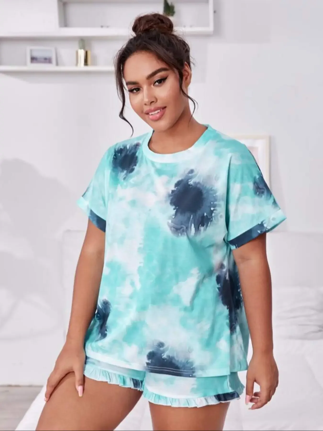 2 szt. Damski Plus Size Tie Dye zestaw piżamy z spodenkami z sałatą i koszulką z krótkim rękawem-wygodne odzież domowa na codzienne dni