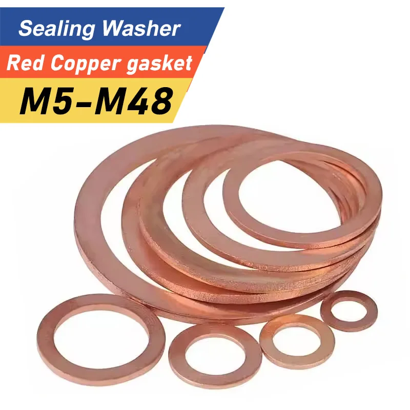 10pcs M5-M6-M8-M10 To M48 Red Copper Gasket Sealing Gasket for Marine Watch 1-1.5-2mm Thick Flat Gasket Inner Diameter