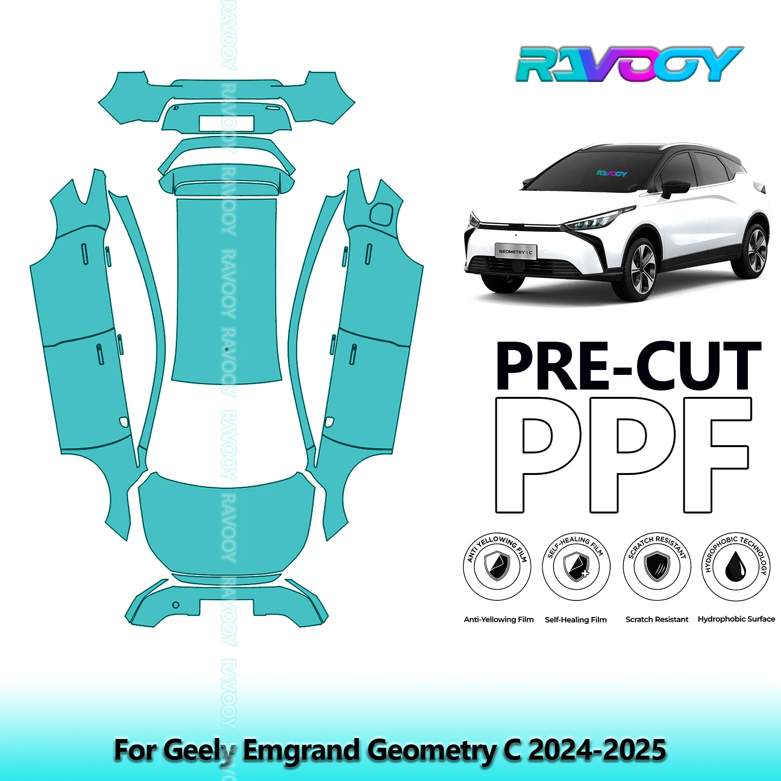 RAVOOY 8.5Mil Custom-Fit Precut TPU PPF Full Vehicle Clear Bra Stone Guard EU UK For Geely Emgrand Geometry C 2024-2026
