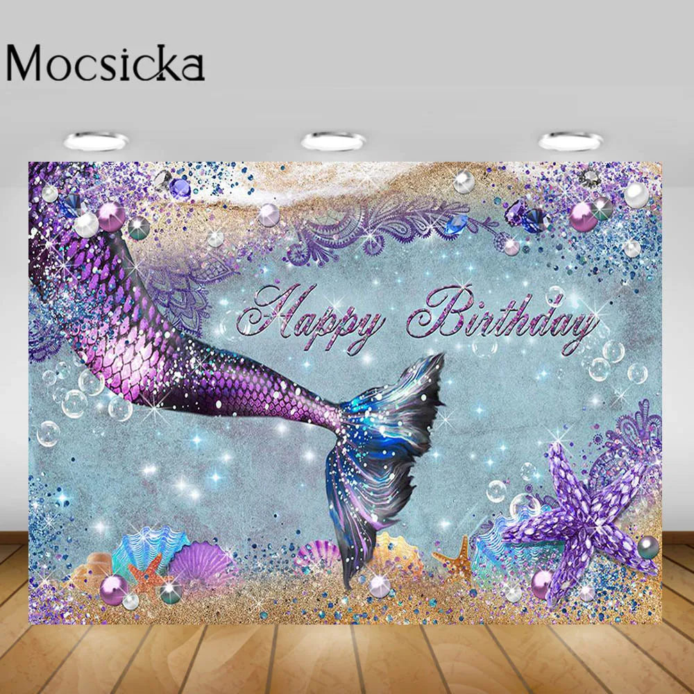 

Mocsicka Mermaid Backdrop Purple Glitter Mermaid Tails Girls Birthday Party Decoration Photo Background Studio Photography Props