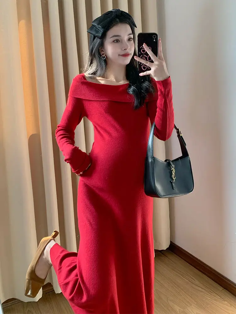 Maternity One-line Collar Fall and Winter Knitted Dress Mid-length Bottoming Dress Sweater Inside A-line Skirt Women Dress