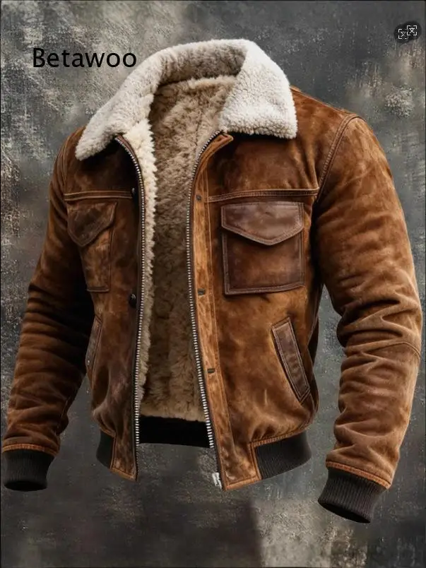 Men Vintage Fleece Lined Trucker Jacket Long Sleeve Multi Pockets Functional Outdoor Warm Outerwear for Winter Street Wear
